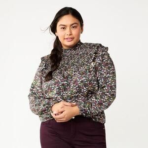 🆕 DRAPER JAMES | RSVP Green Floral Long Sleeve Ruffle Smocked Blouse | 2X